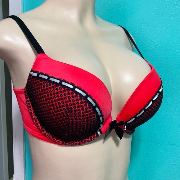 VICTORIA’S SECRET Red & Black Lace Pigeonnant Push-Up Bra Underwire ~ 34D - Picture 3 of 5